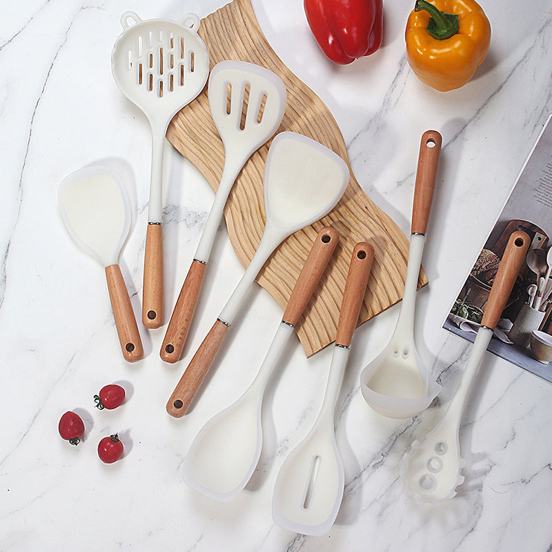 Beech Handle Transparent White Silicone Spatula Food Grade High Temperature Resistance Soup Spoon And Strainer Suit