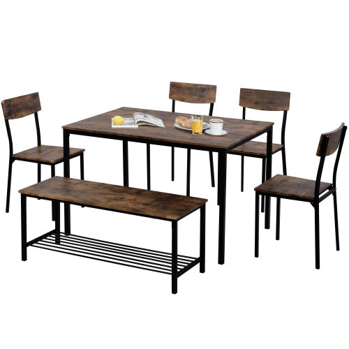 Dining Table Chair And Bench Set 6 Wooden Steel Frame Industrial Style Kitchen Dining Table Set