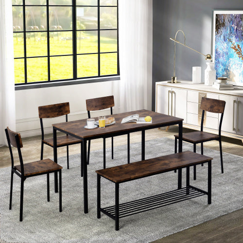 Dining Table Chair And Bench Set 6 Wooden Steel Frame Industrial Style Kitchen Dining Table Set
