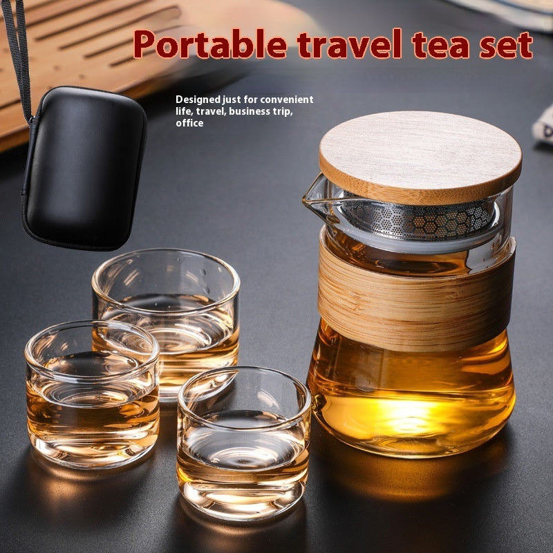 Glass Travel Tea Set Suit Portable One Pot Fills Three Cups