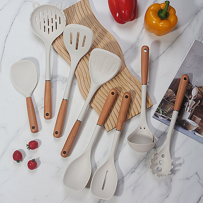 Beech Handle Transparent White Silicone Spatula Food Grade High Temperature Resistance Soup Spoon And Strainer Suit