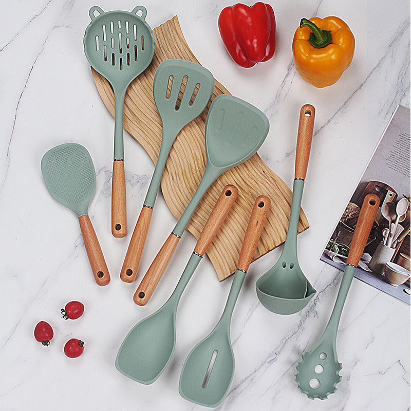 Beech Handle Transparent White Silicone Spatula Food Grade High Temperature Resistance Soup Spoon And Strainer Suit